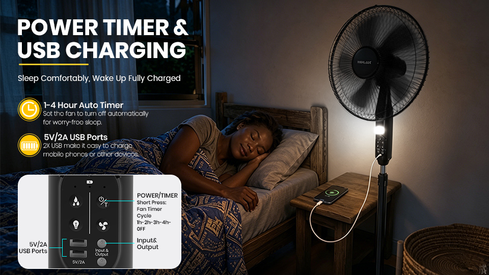Solar Fan Functions Power Timer Usb Charging