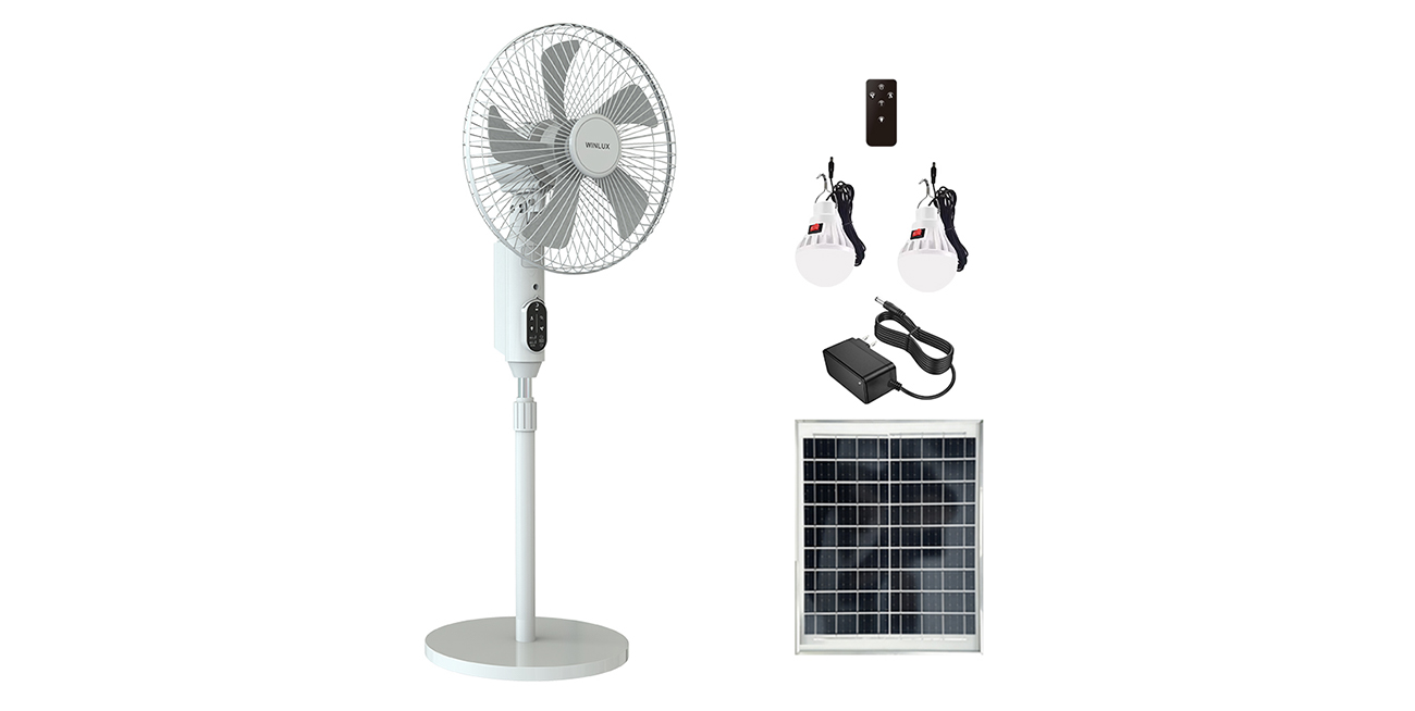 White solar fan with solar panel and light bulb