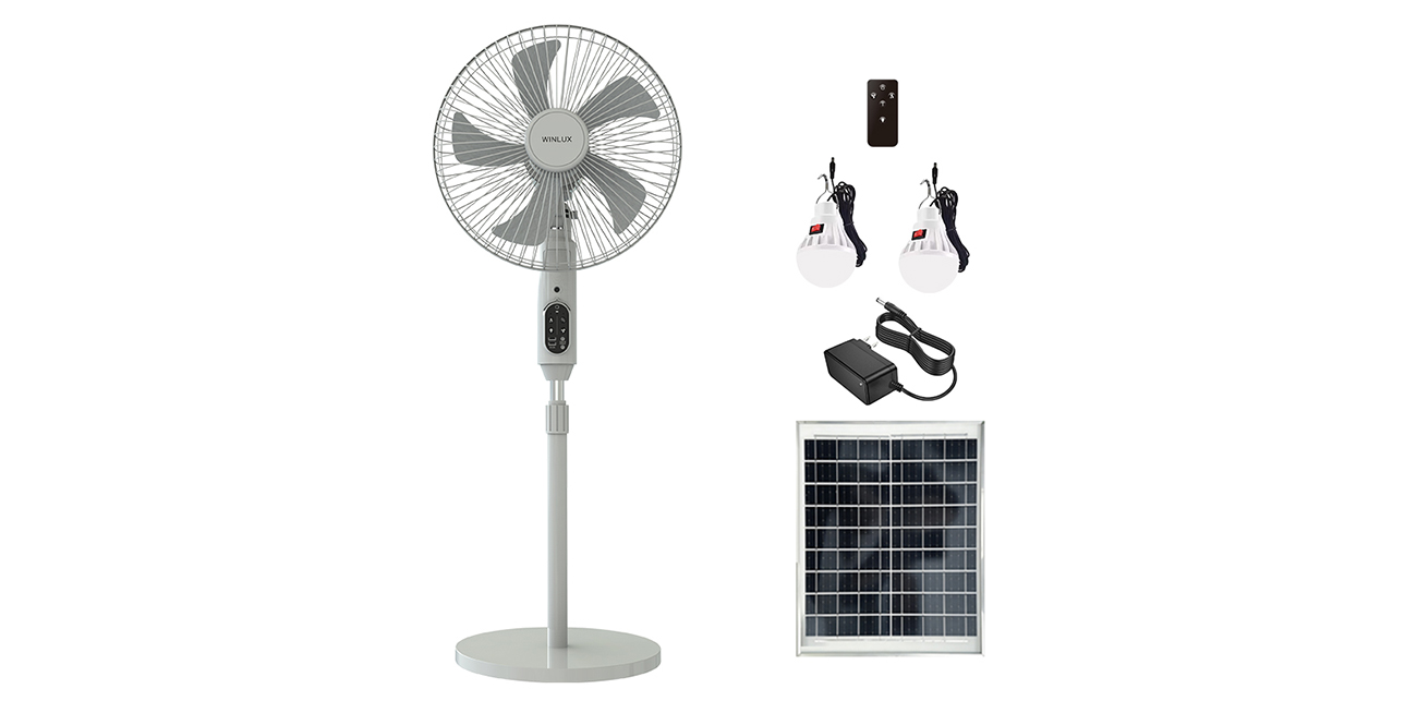 White solar outdoor fan with solar panel and light bulb