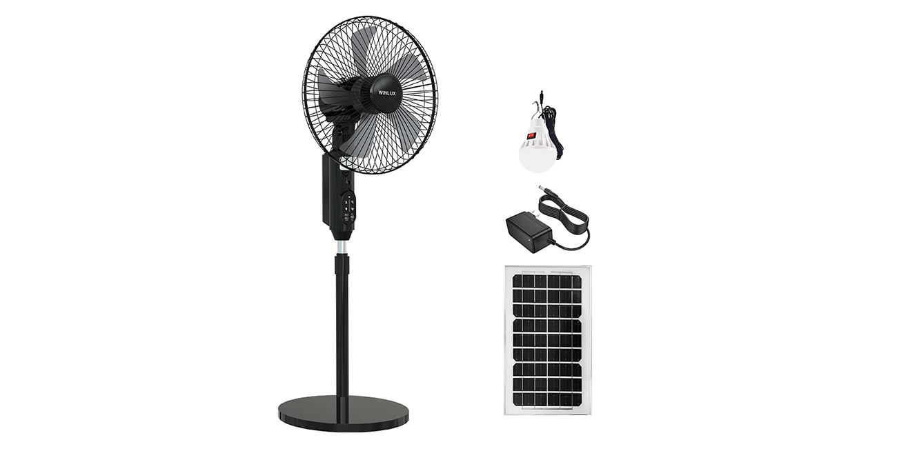 Black solar outdoor fan with solar panel and light bulb