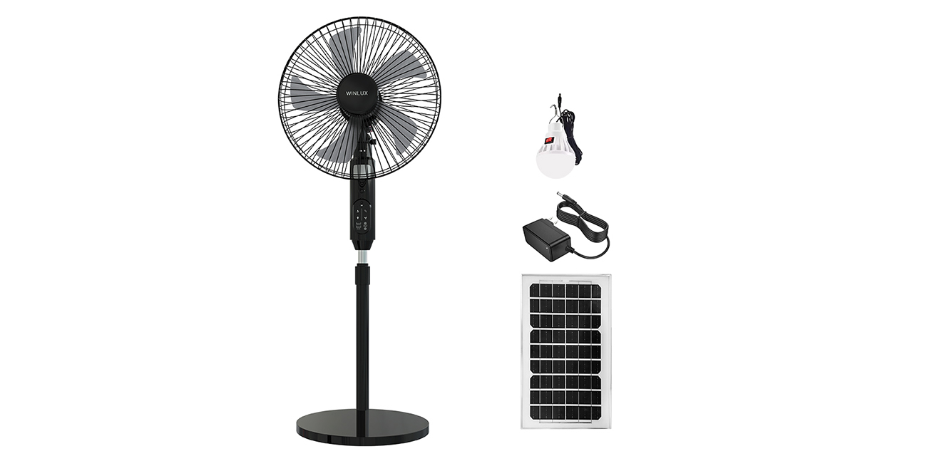 Black solar fan with solar panel and light bulb